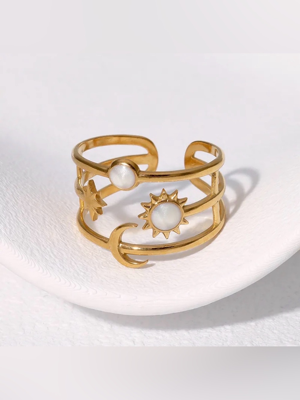 Gold Celestial Sun & Moon Ring | PVD Stainless Steel Adjustable Statement Ring